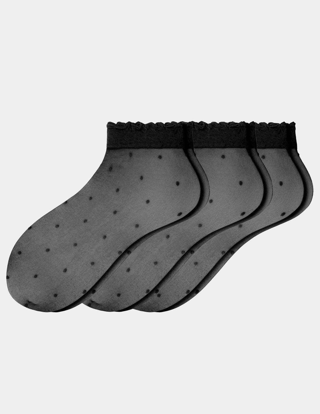 Three low-cut ankle socks in a sheer black tulle fabric with small black polka dots, featuring a scalloped black elastic cuff, against a light gray background.