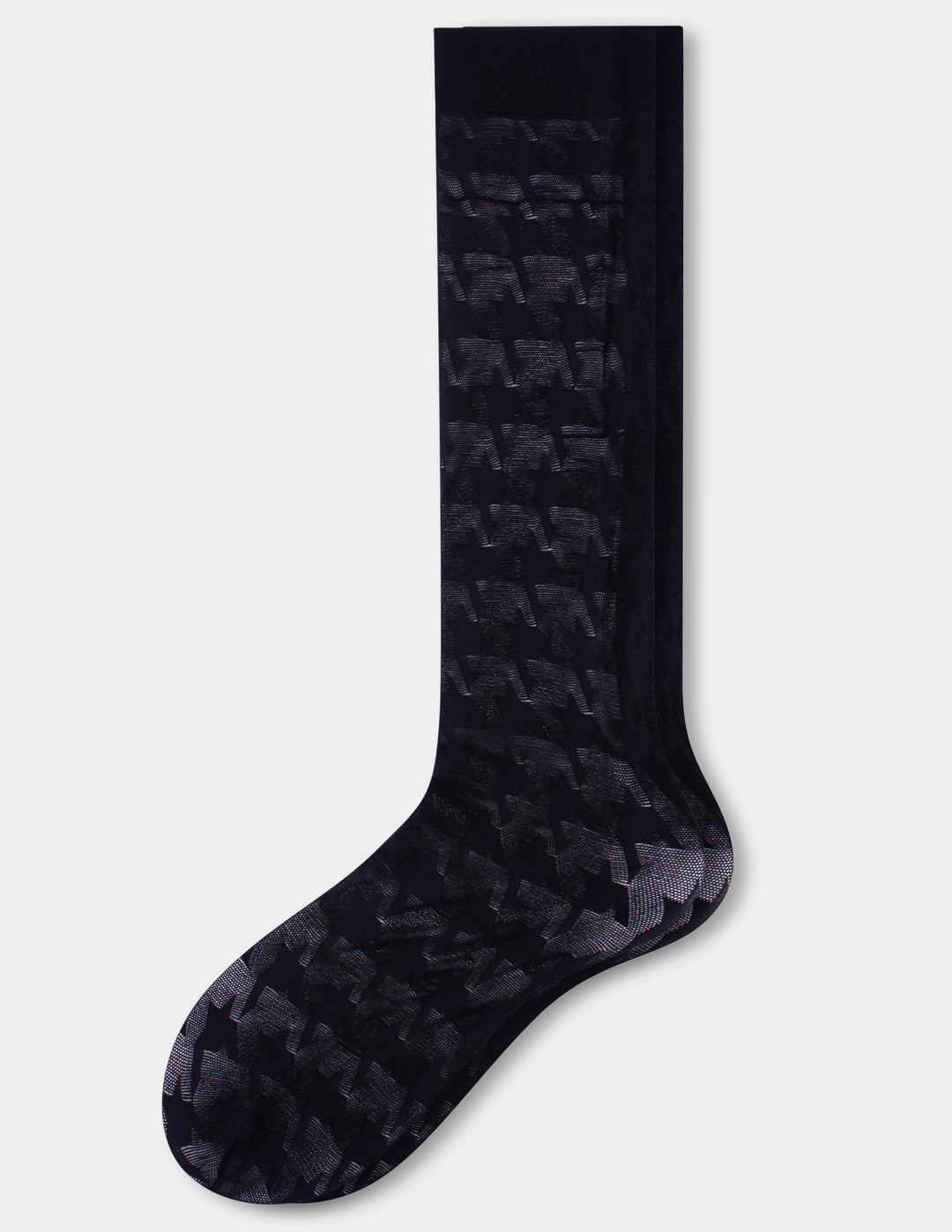A pair of black knee high socks with a houndstooth pattern, shown against a light gray background.