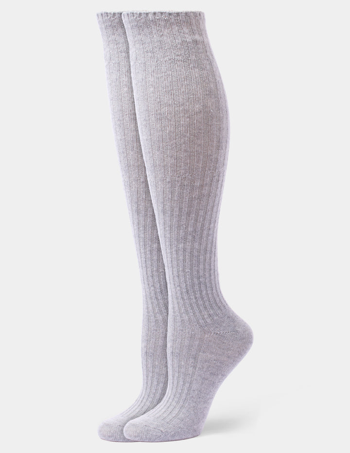 A pair of light gray ribbed knee-high socks shown on a clean, light gray background.