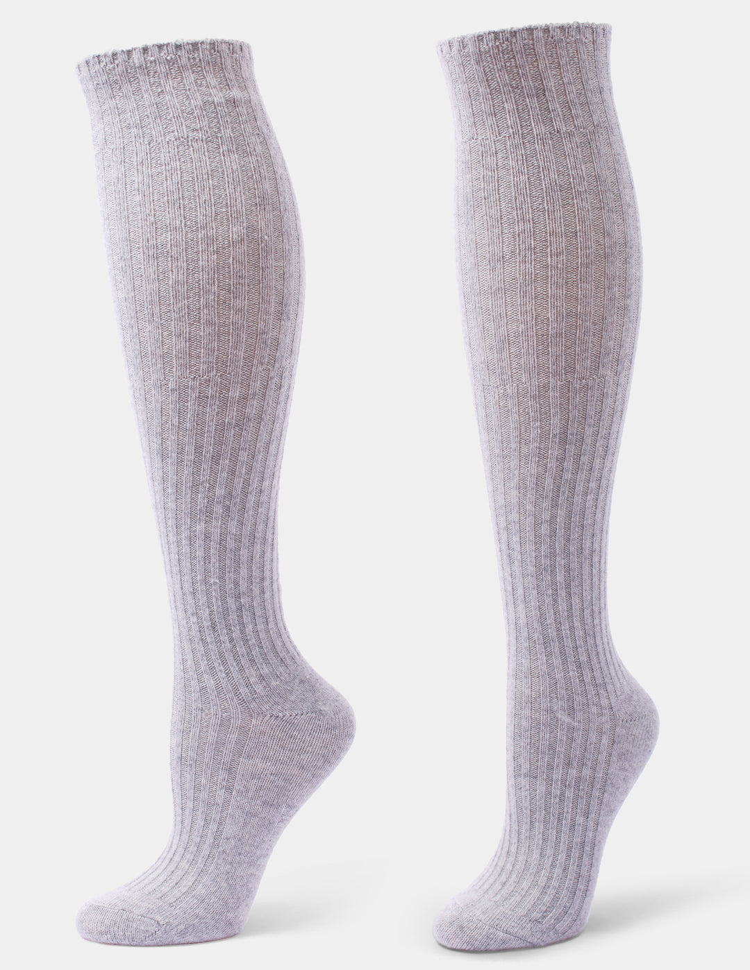 A pair of ribbed knee-high socks in a light heathered gray color, displayed on invisible forms against a clean white background.