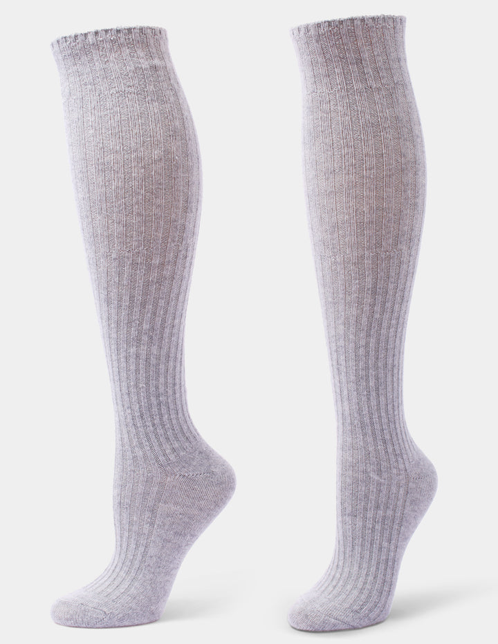 A pair of ribbed knee-high socks in a light heathered gray color, displayed on invisible forms against a clean white background.