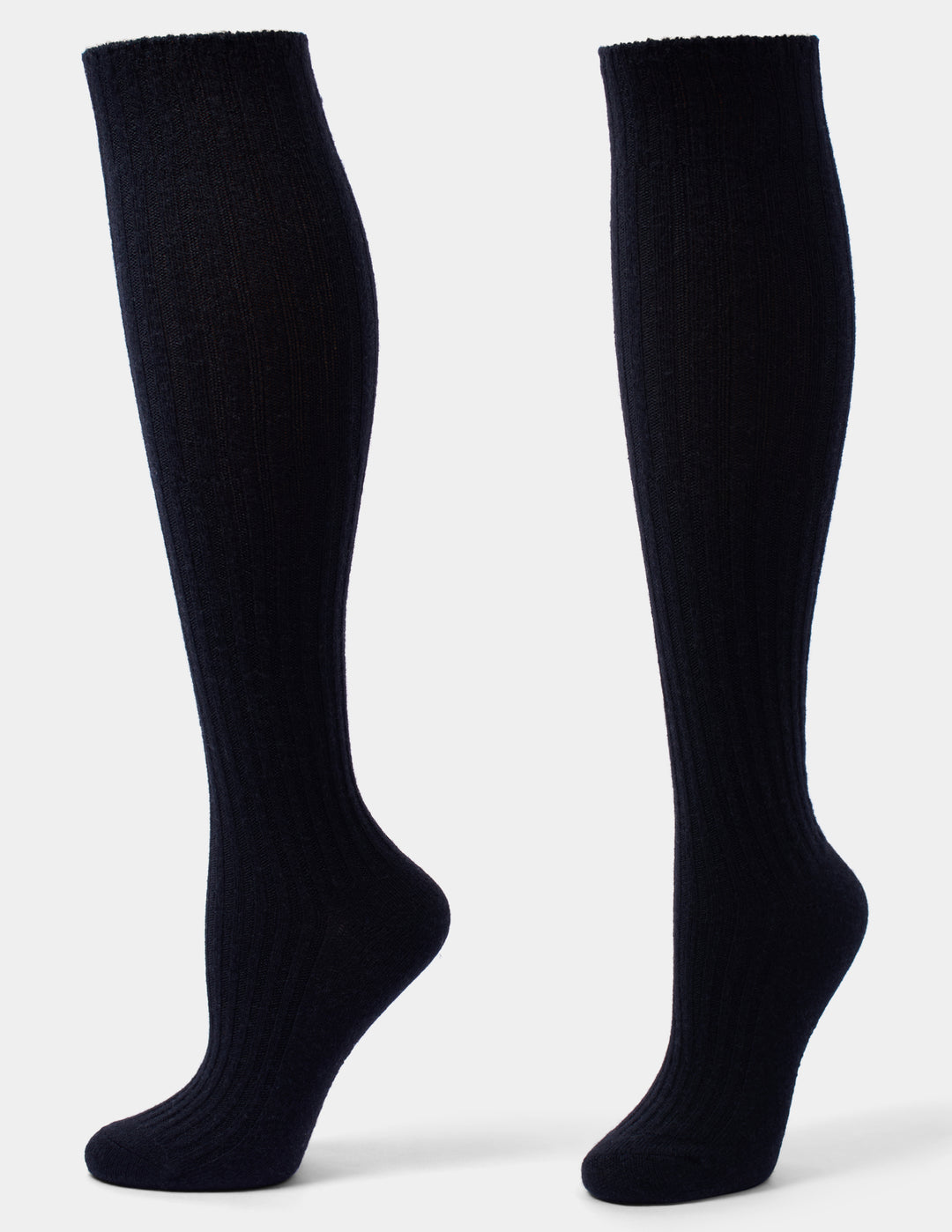 A pair of black ribbed knee-high socks shown from the side against a light gray background.
