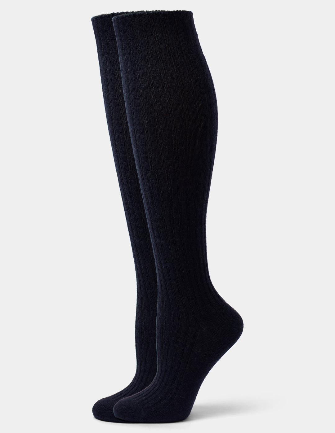 A pair of black ribbed knee-high socks displayed on invisible forms against a solid white background.