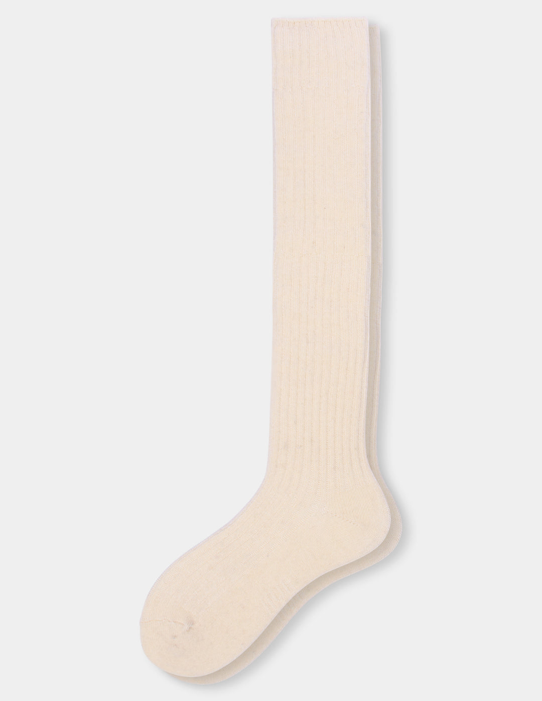 A pair of ribbed knee-high sock in an off-white color, shown against a plain light gray background.