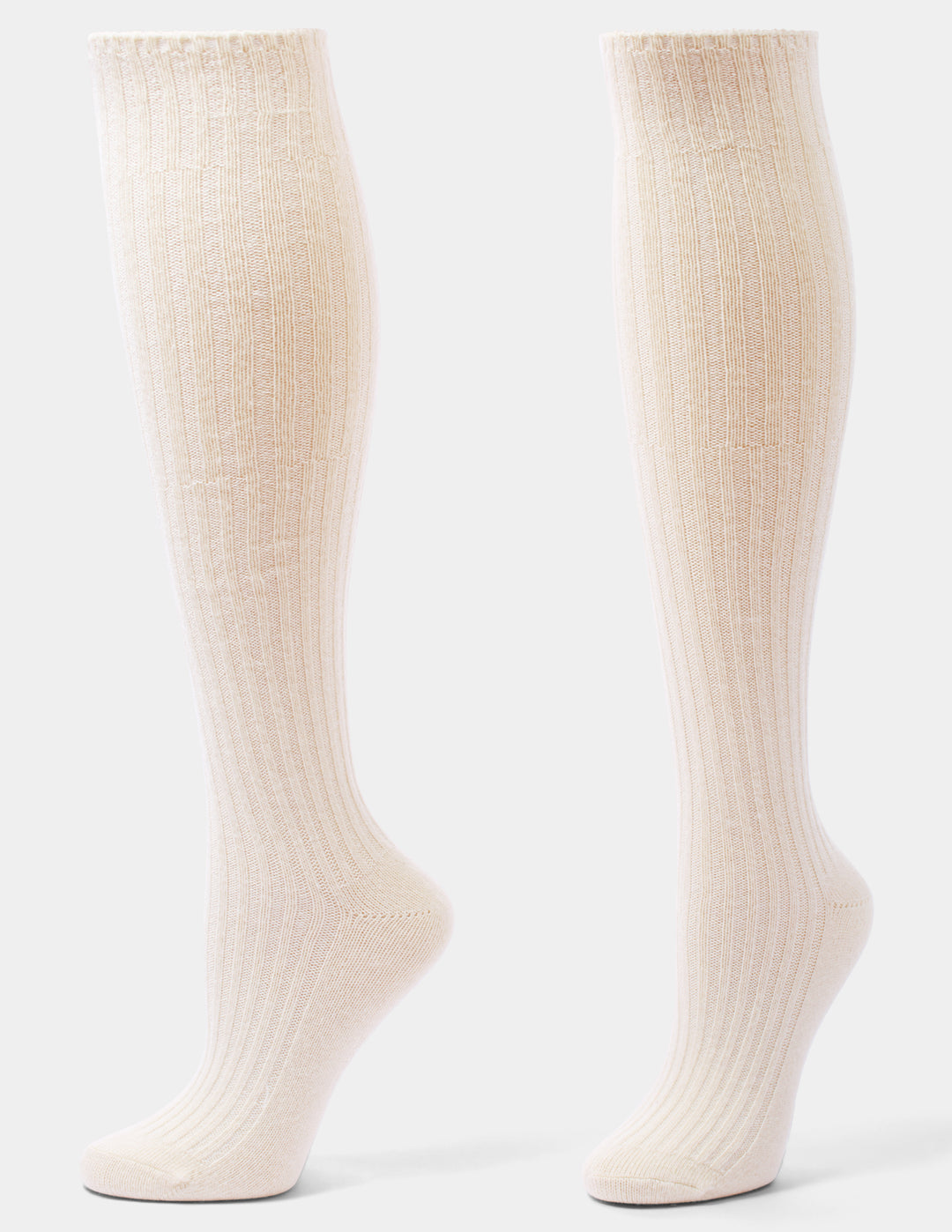 A pair of ribbed knee-high socks in an off-white color, shown from the side against a light gray studio background.