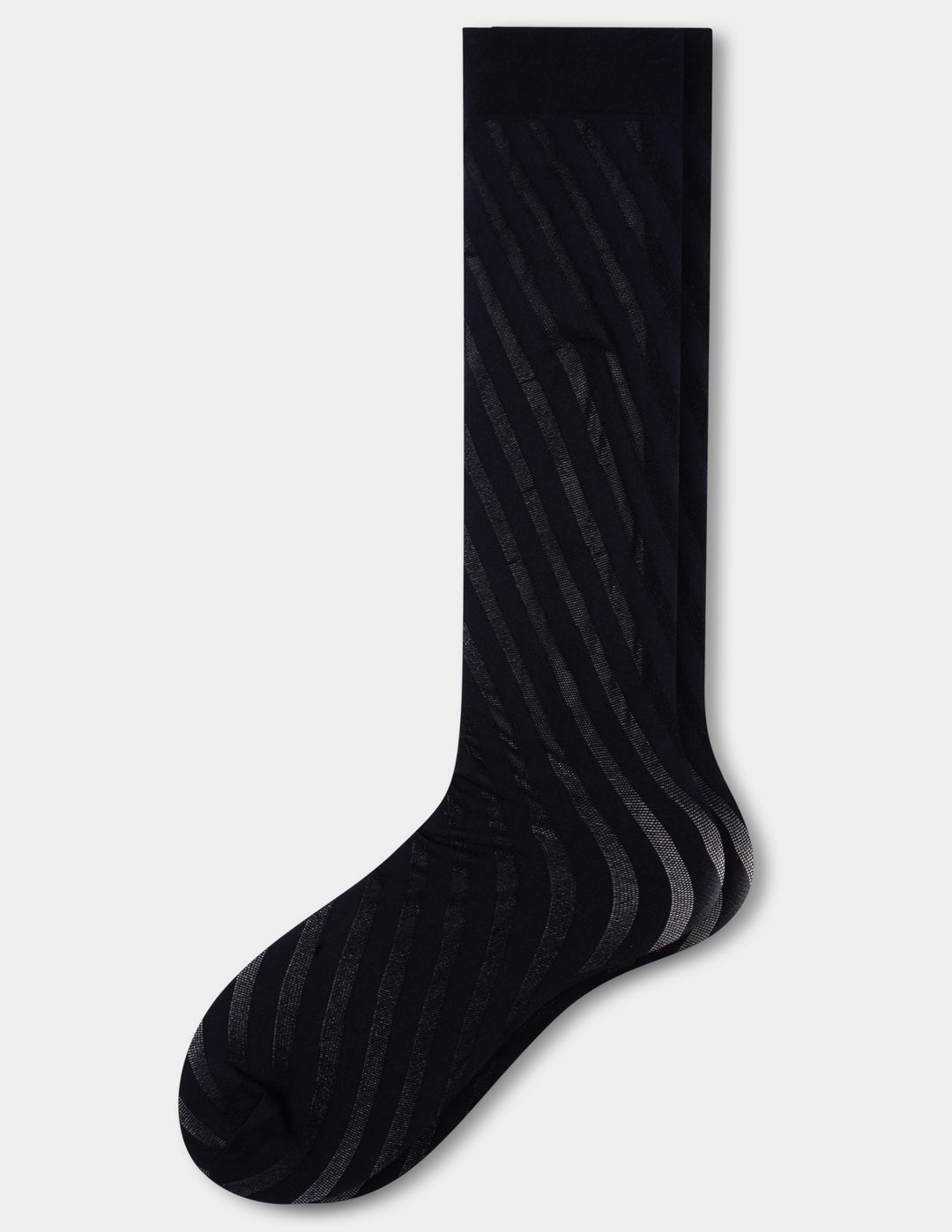 A pair of black knee high socks with a subtle diagonal striped pattern, shown against a light gray background.