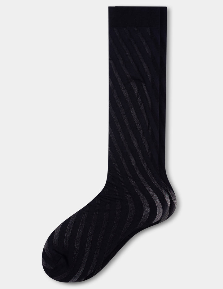 A pair of black knee high socks with a subtle diagonal striped pattern, shown against a light gray background.