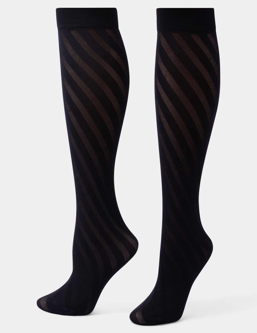 A pair of black over-the-knee socks with diagonal dark brown stripes, shown against a plain light gray background.