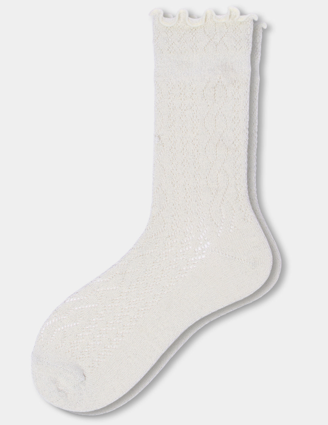 Ivory crew socks with a ruffle edge displayed against a light grey background.