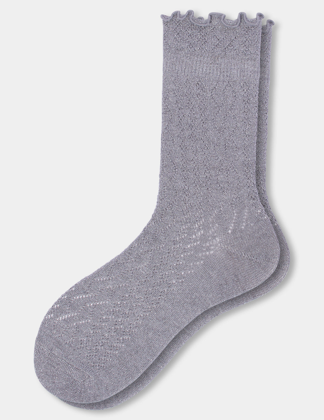 Grey crew socks with a ruffled edge photographed against a light gray background.