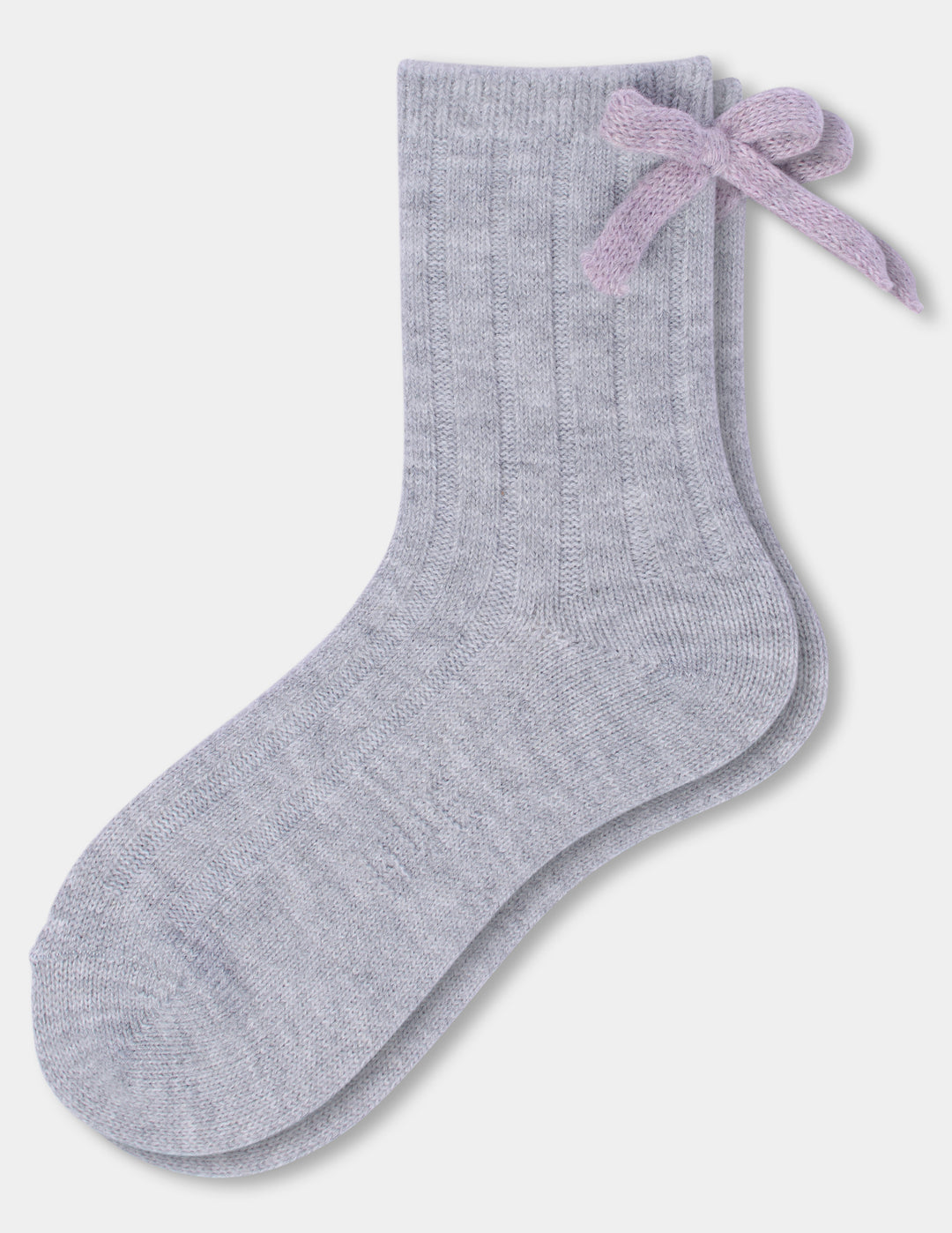 A pair of light grey anklet socks with a pink bow accent, displayed against a light gray background.
