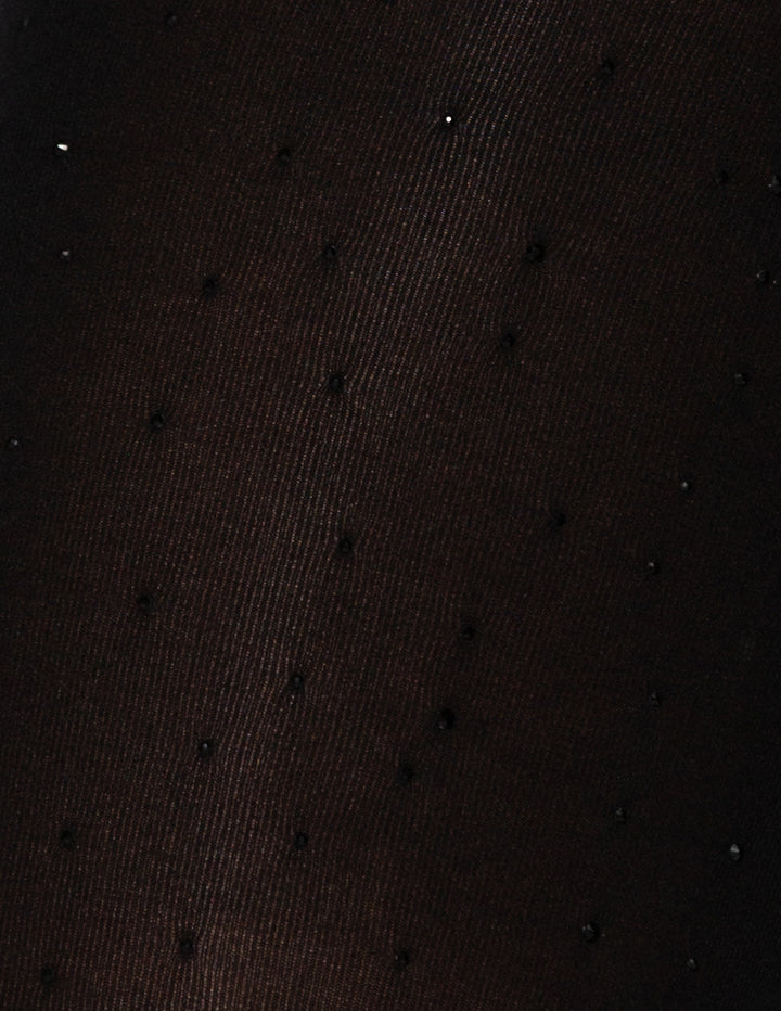A close up of a black bedazzled fabric material.