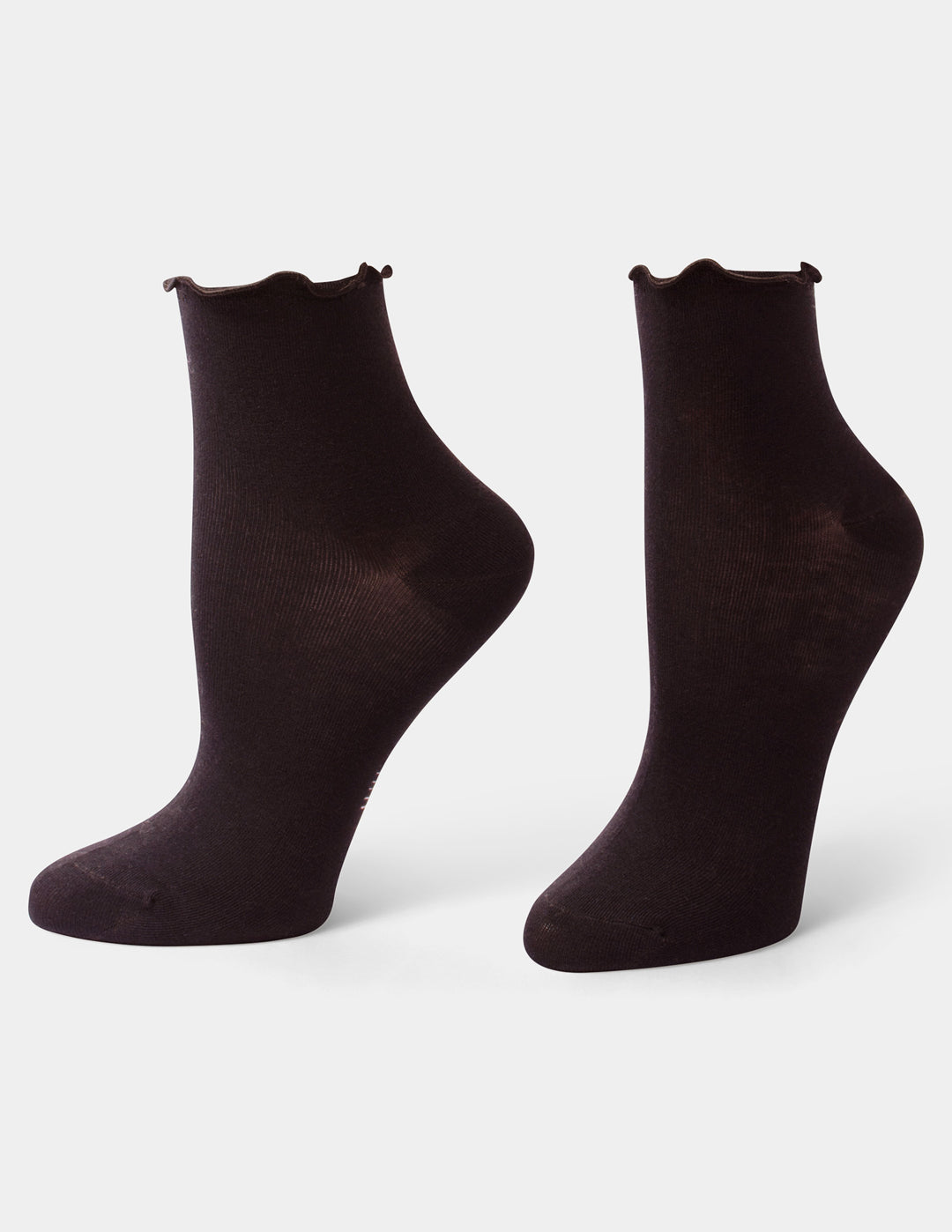 A pair of dark brown ankle socks on a light gray background.