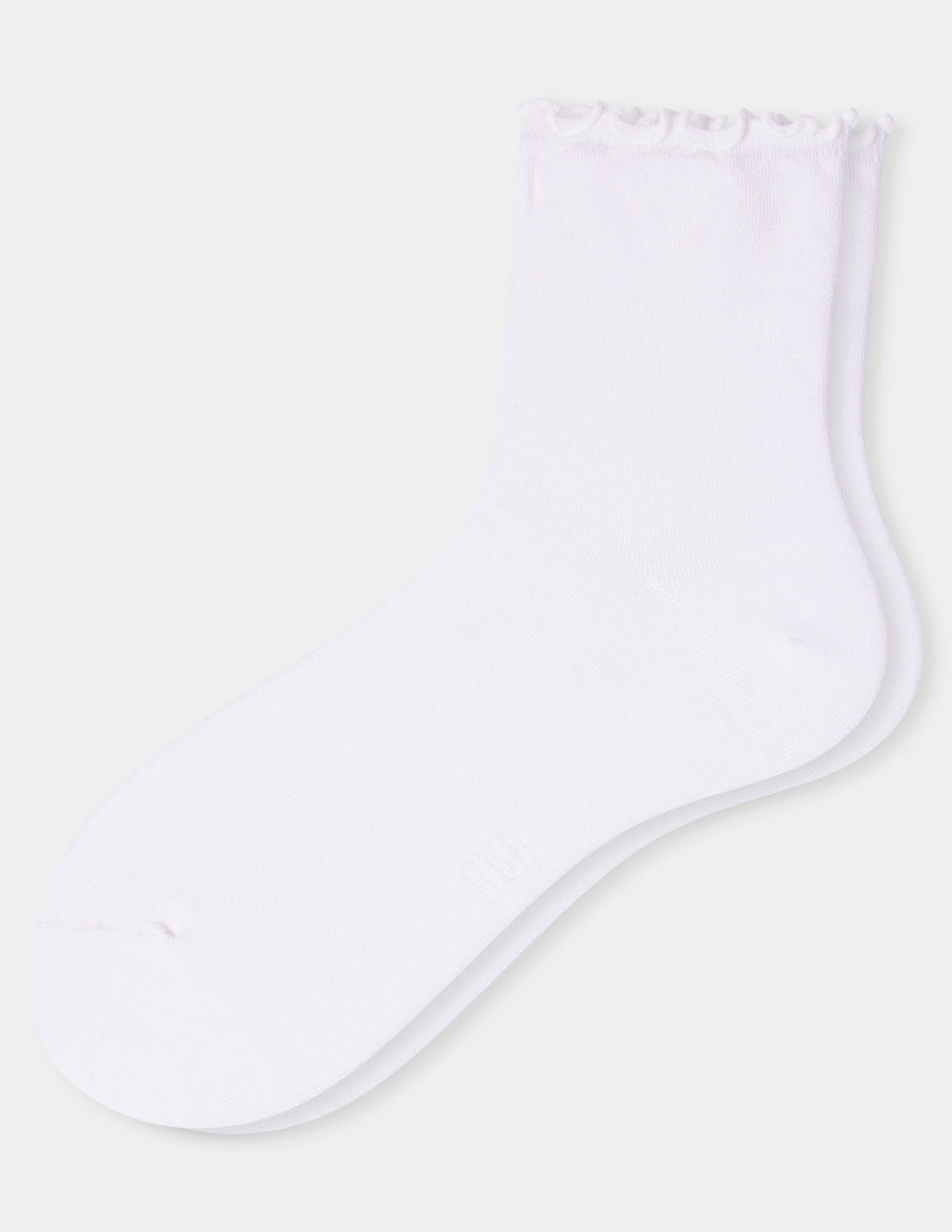 A pair of white crew socks with a delicate ruffled trim at the top, displayed against a light gray background.