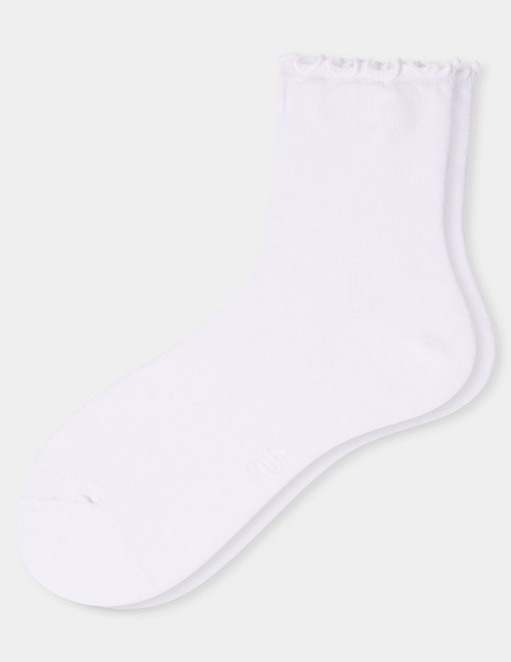 A pair of white crew socks with a delicate ruffled trim at the top, displayed against a light gray background.