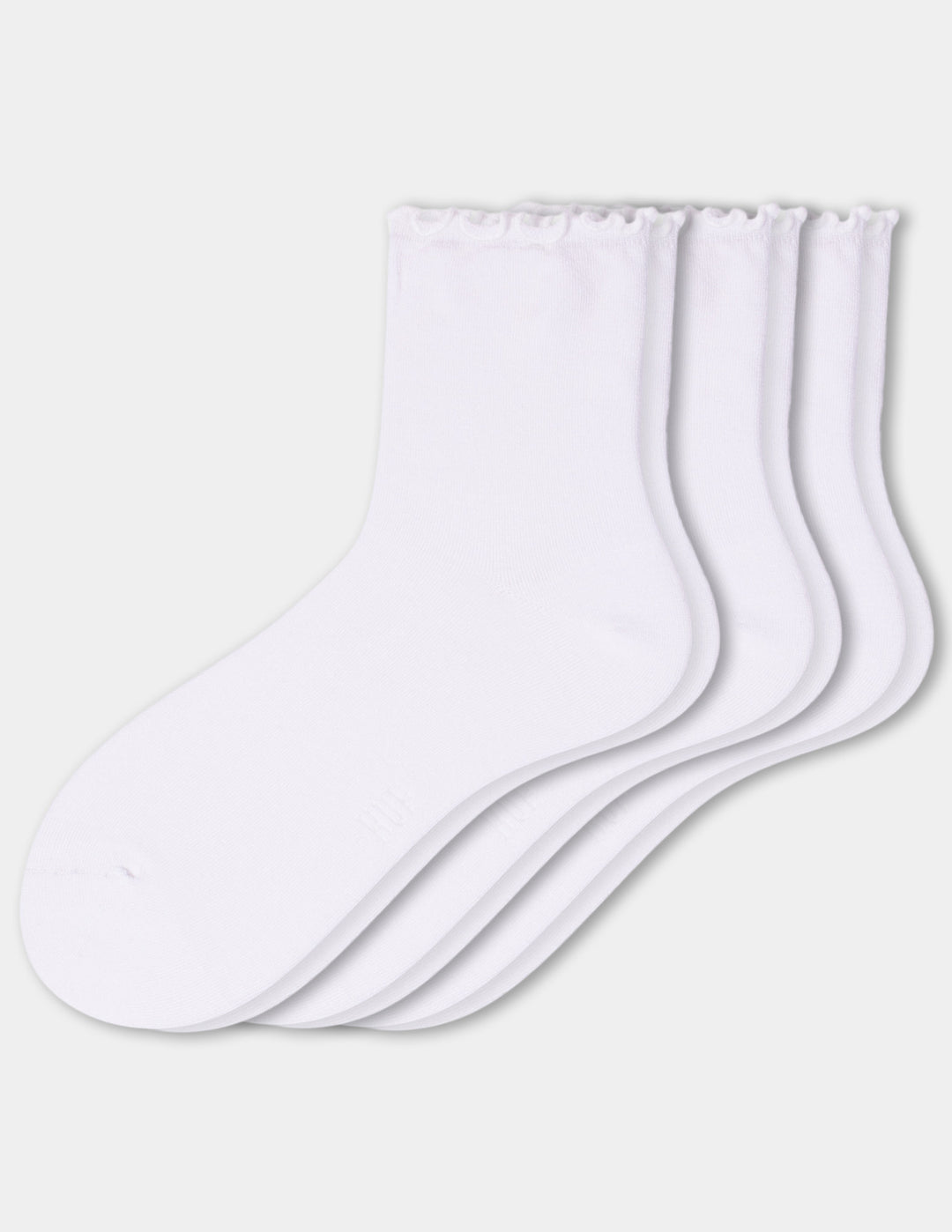 Three pairs of white crew socks with ruffled trim at the top, arranged against a light gray background.