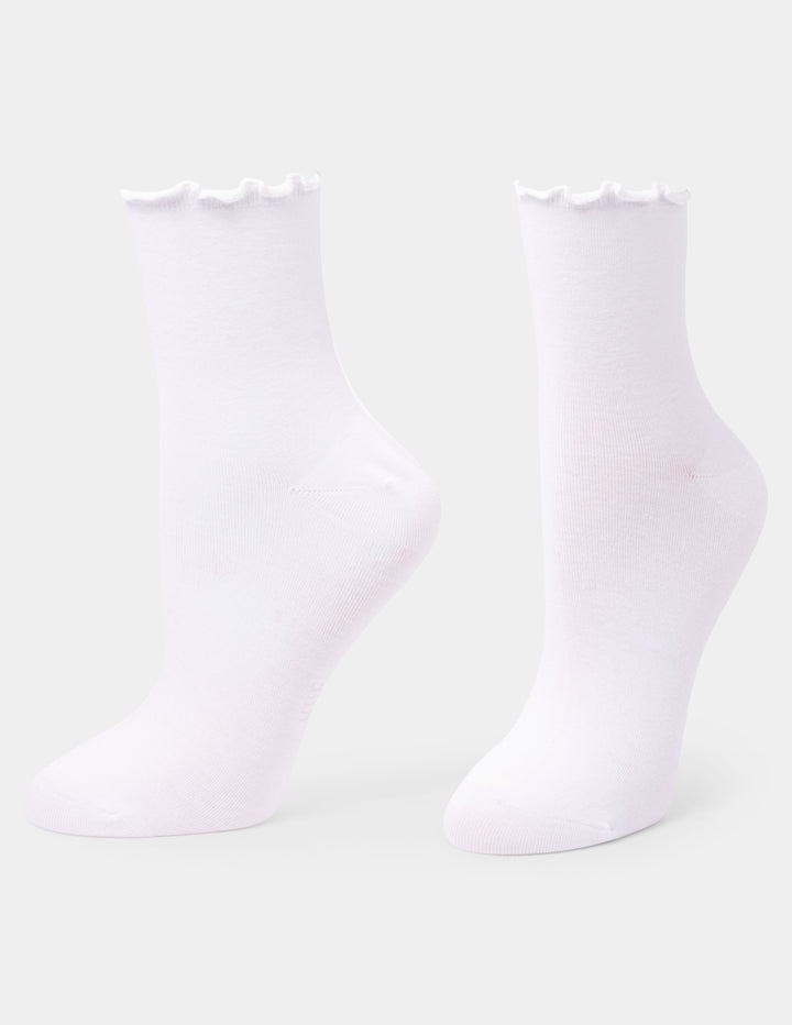 A pair of white crew socks with a ruffled trim at the top, displayed on foot forms against a light gray background.