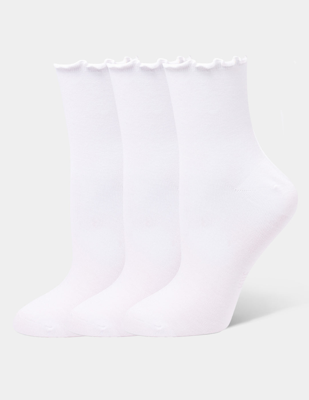 Three white crew socks with ruffled trim at the top, arranged against a light gray background.