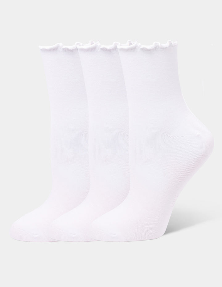 Three white crew socks with ruffled trim at the top, arranged against a light gray background.