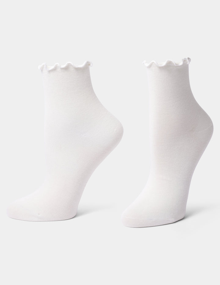A pair of ivory ankle socks with a scalloped ruffle trim at the top, shown from the side on a light gray background.