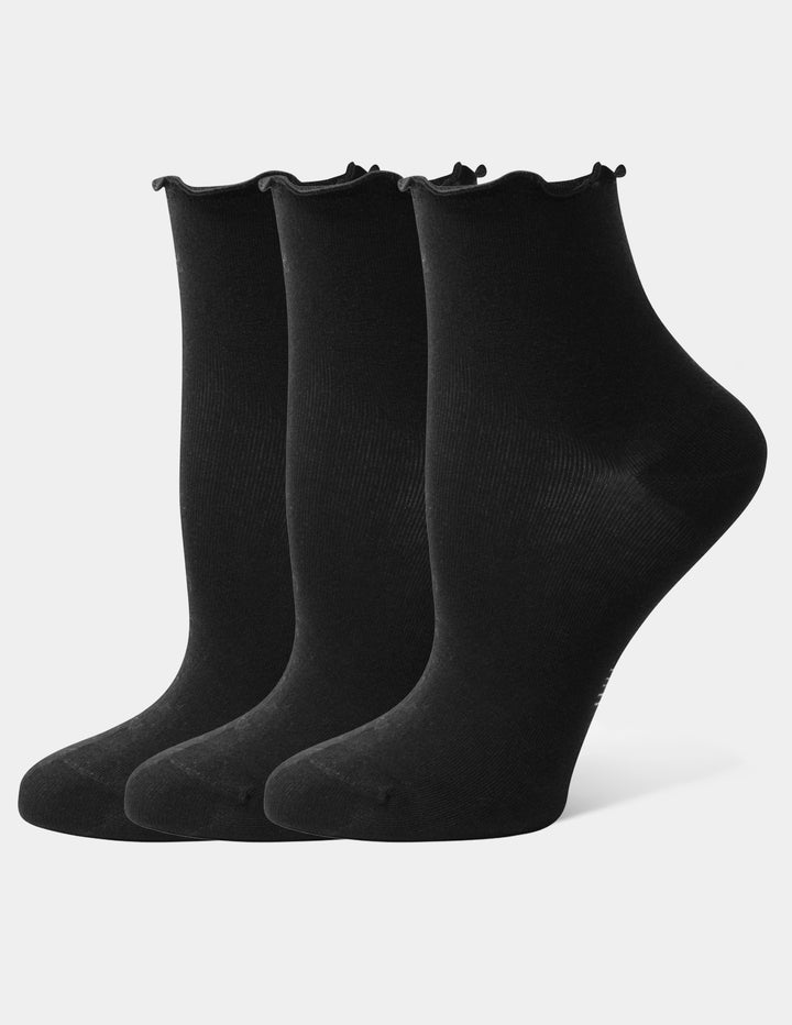 Three black ankle socks arranged in a row against a light gray background.