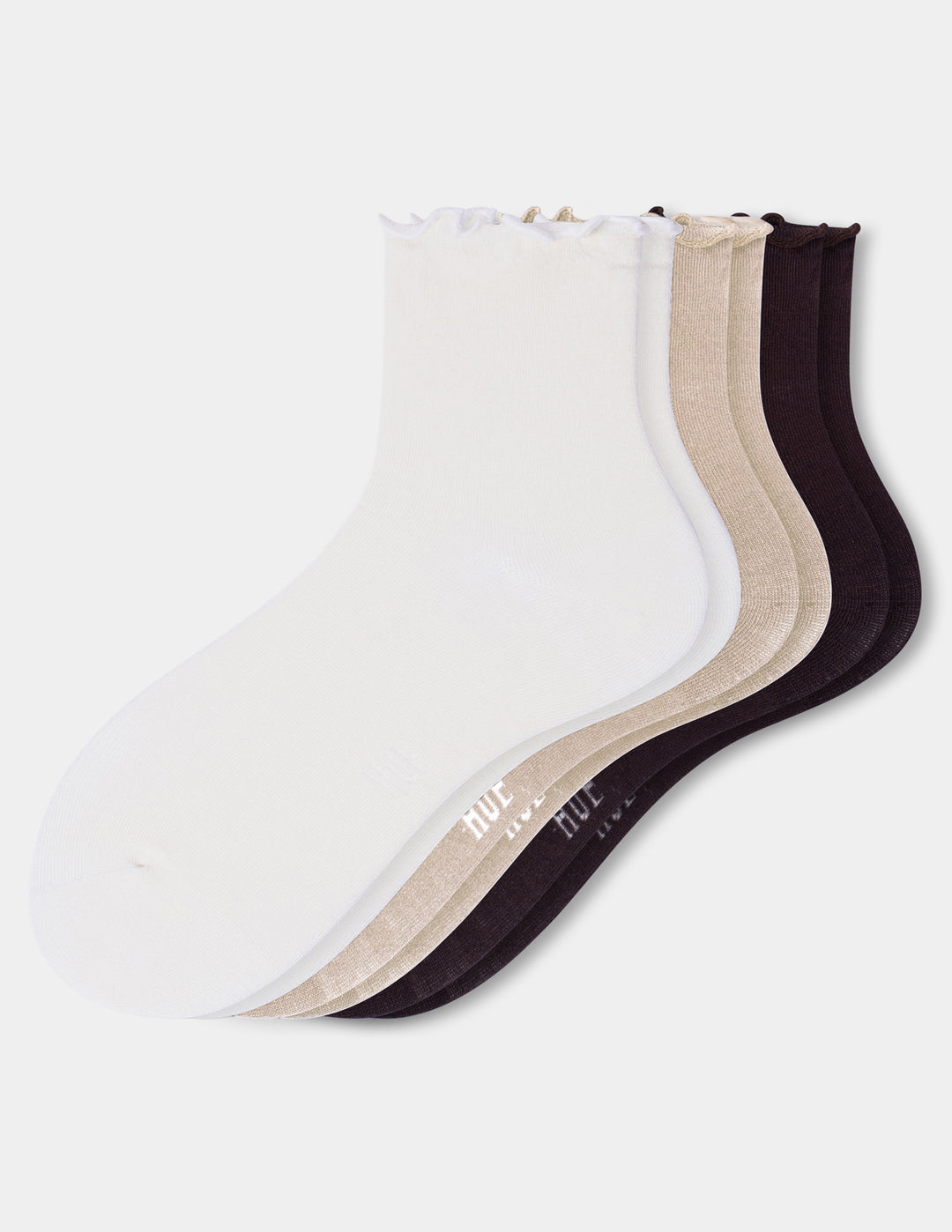 A set of three ankle socks with ruffled tops on a light gray background. 