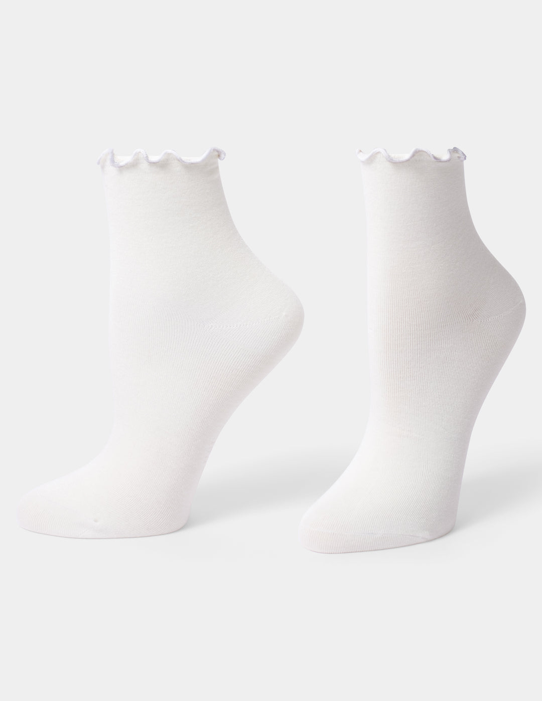 A pair of white ankle socks with a scalloped ruffle trim at the top, displayed on foot forms against a light gray background.
