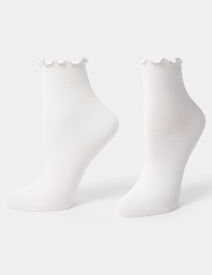 A pair of white ankle socks with a scalloped ruffle trim at the top, displayed on foot forms against a light gray background.