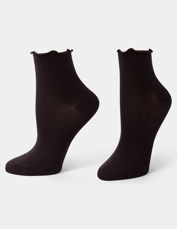 A pair of dark brown ankle socks with a scalloped ruffle edge, displayed on foot forms against a light gray background.
