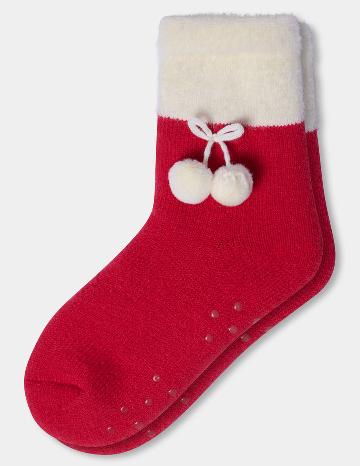 Red holiday slipper socks.