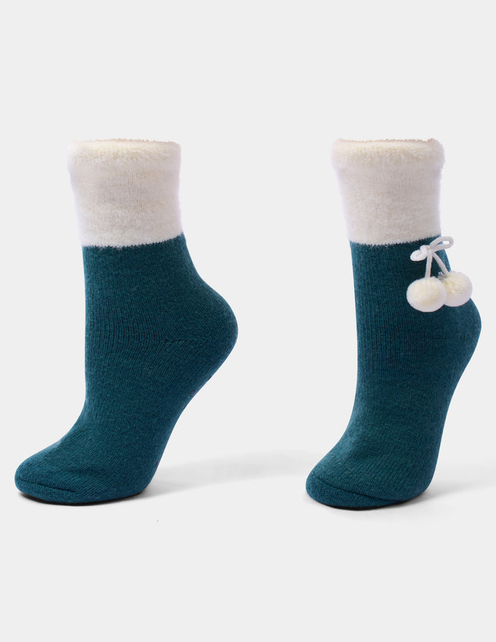 Teal holiday slipper socks.