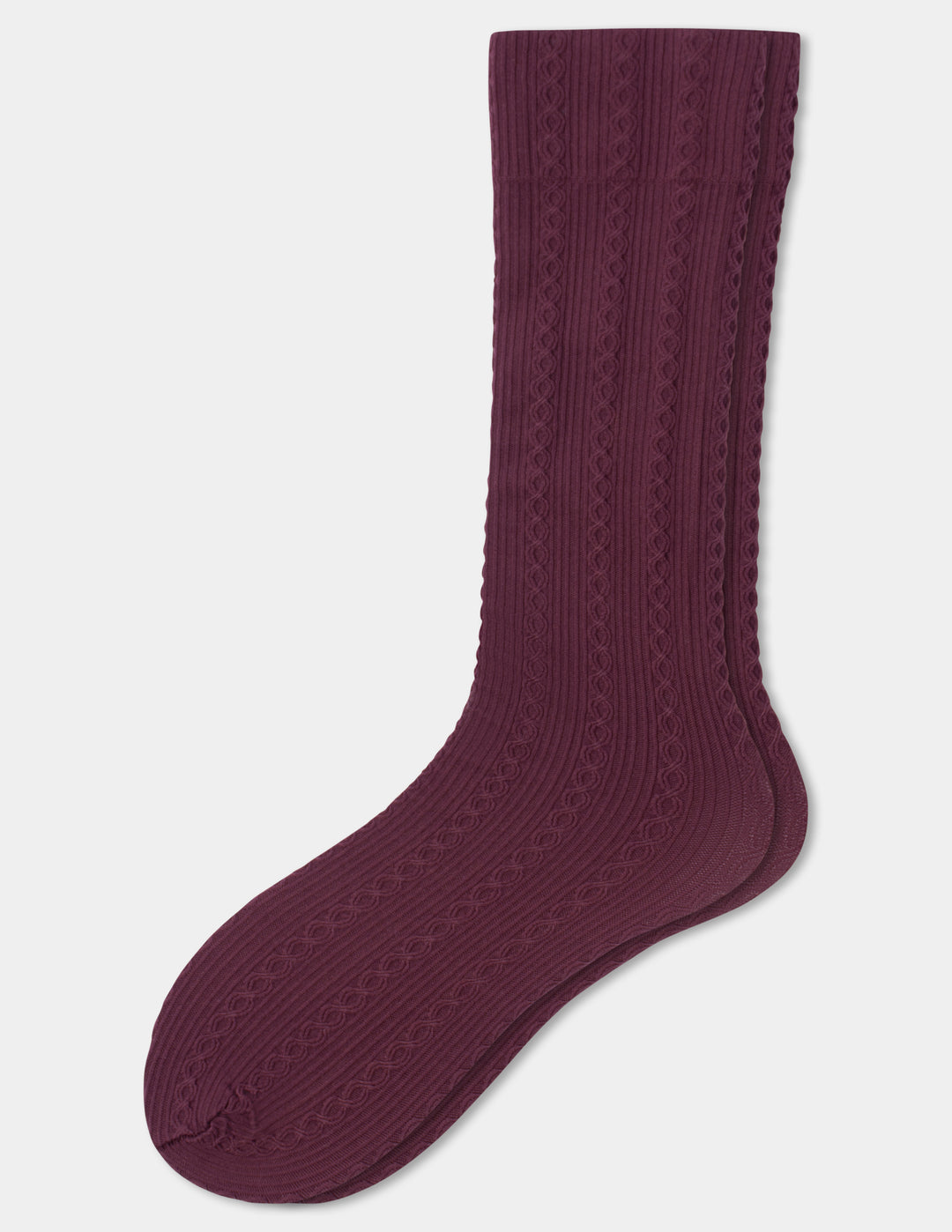 A pair of ribbed knee high socks in a deep burgundy color, displayed against a light gray background.