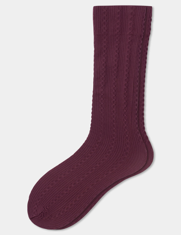 A pair of ribbed knee high socks in a deep burgundy color, displayed against a light gray background.