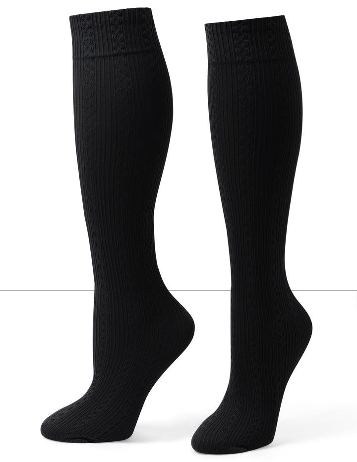A pair of black ribbed knee-high socks shown on invisible forms against a plain white background.
