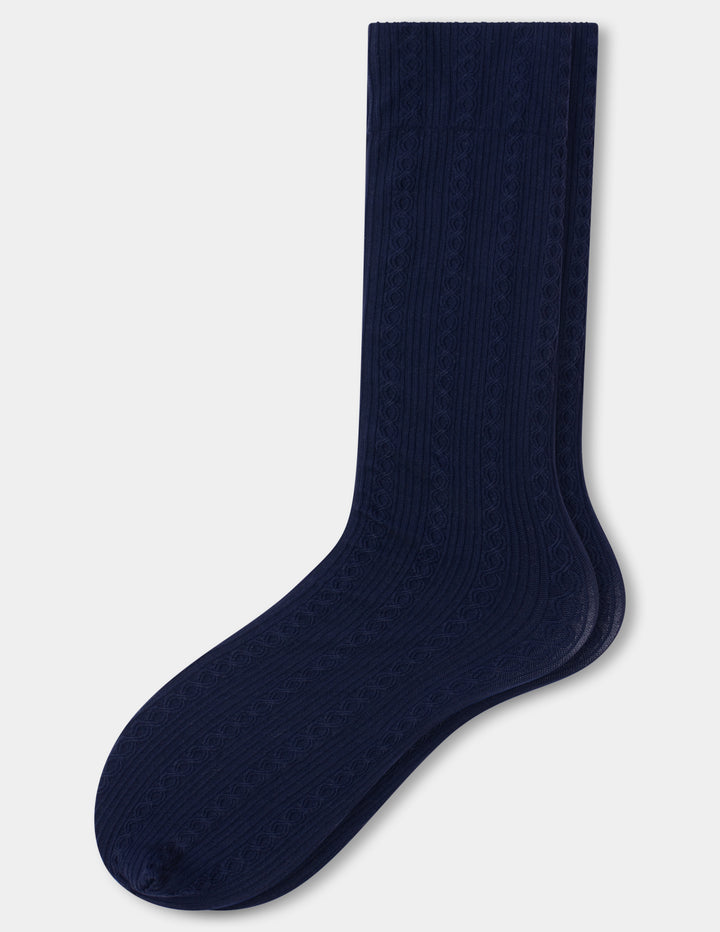 A pair of dark navy blue ribbed knit sock shown against a light gray background.