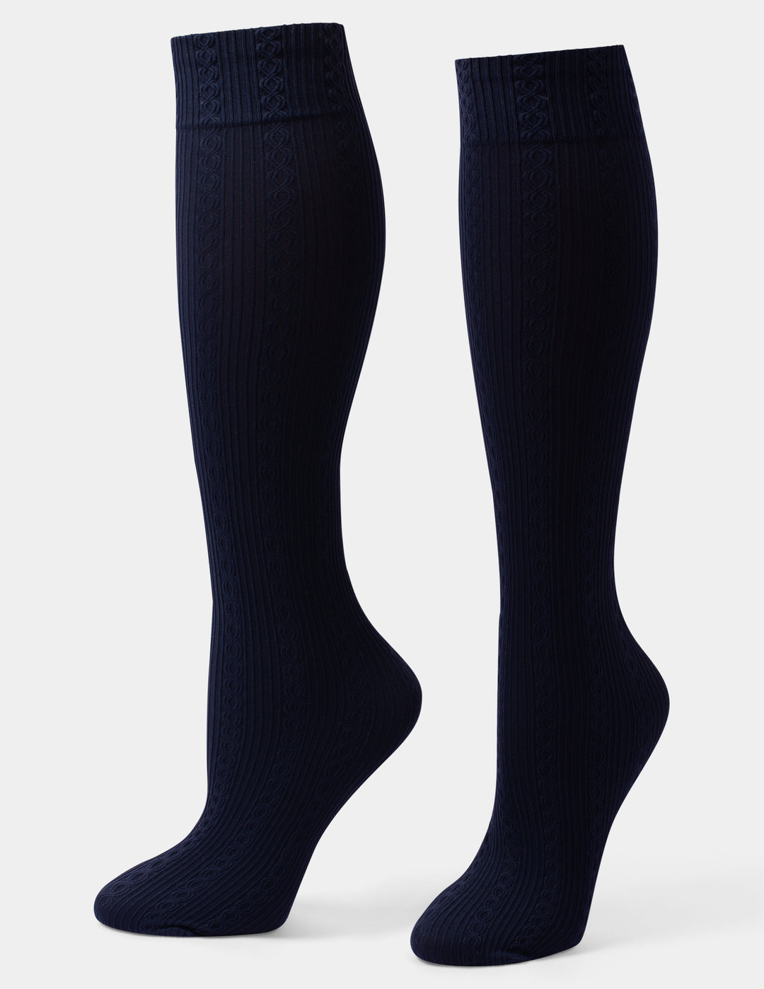 A pair of dark navy blue ribbed knee-high socks shown on leg forms against a light gray background.