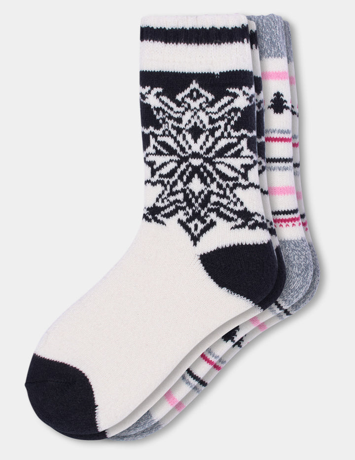 Holiday pattern crew socks displayed on a light grey background.
