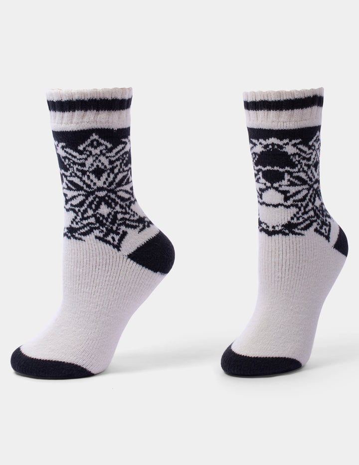 Holiday pattern crew socks displayed on a light grey background.