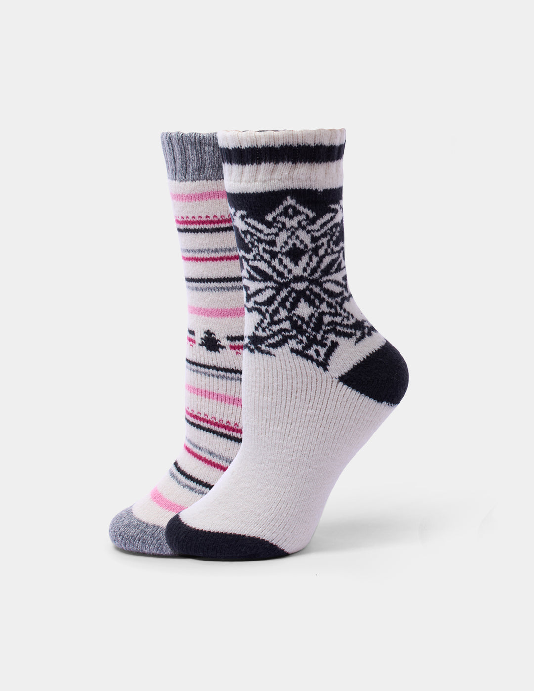 Holiday pattern crew socks displayed on a light grey background.