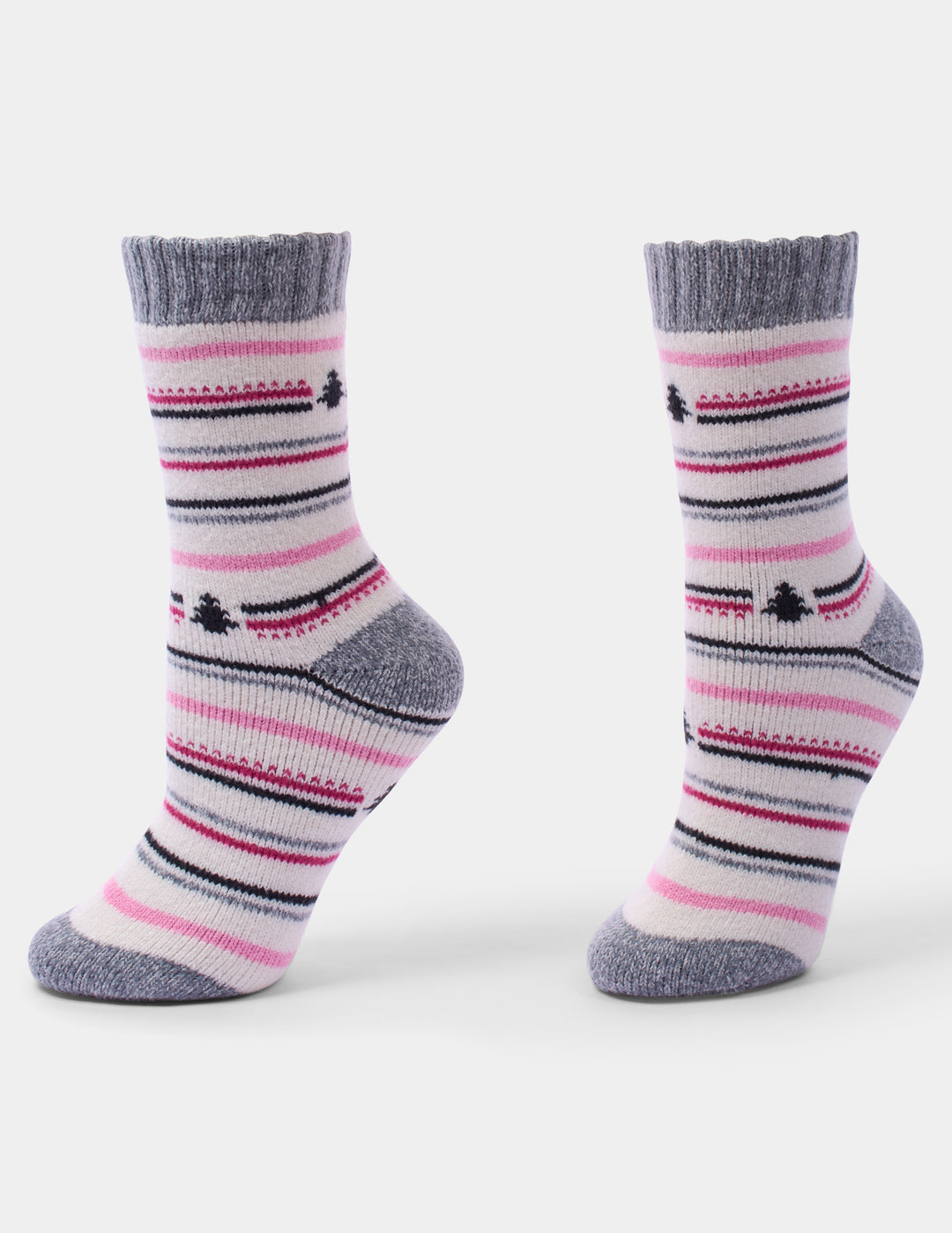 Holiday pattern crew socks displayed on a light grey background.