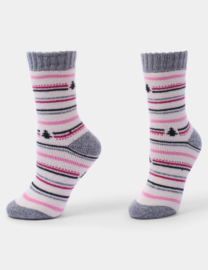 Holiday pattern crew socks displayed on a light grey background.