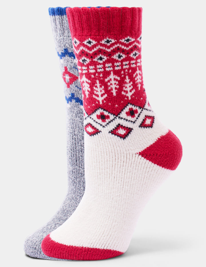 Two pairs of holiday pattern crew socks displayed against a light grey background.