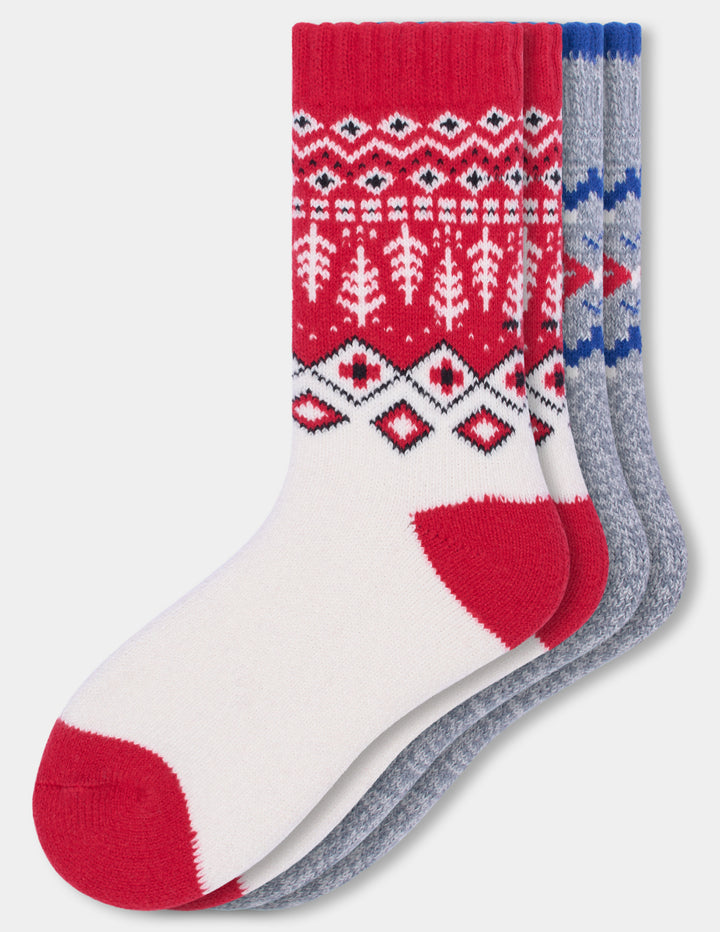 Two pairs of holiday pattern crew socks displayed against a light grey background.