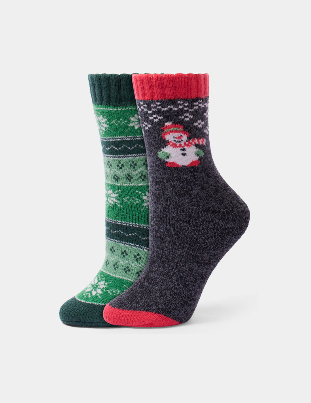 Holiday pattern crew socks displayed against a light grey background.