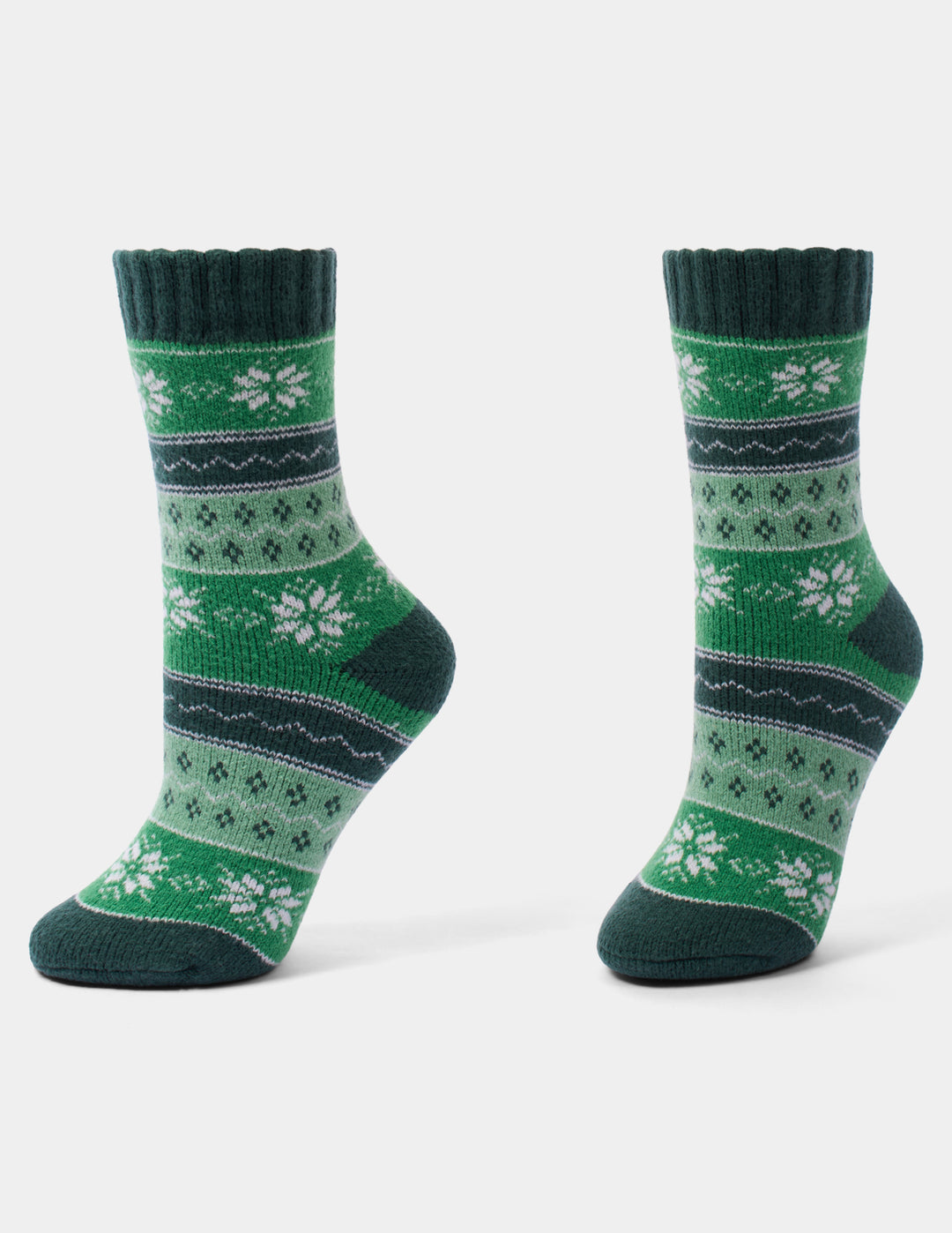 Holiday pattern crew socks displayed against a light grey background.