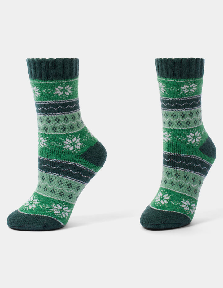 Holiday pattern crew socks displayed against a light grey background.
