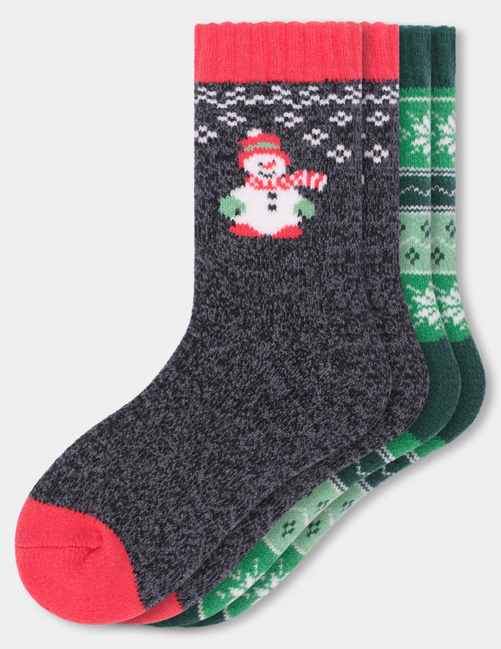Holiday pattern crew socks displayed against a light grey background.