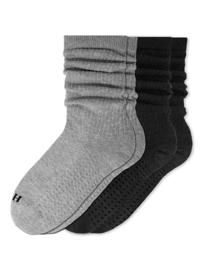 Two pairs of socks, one gray and one black, on a white background.