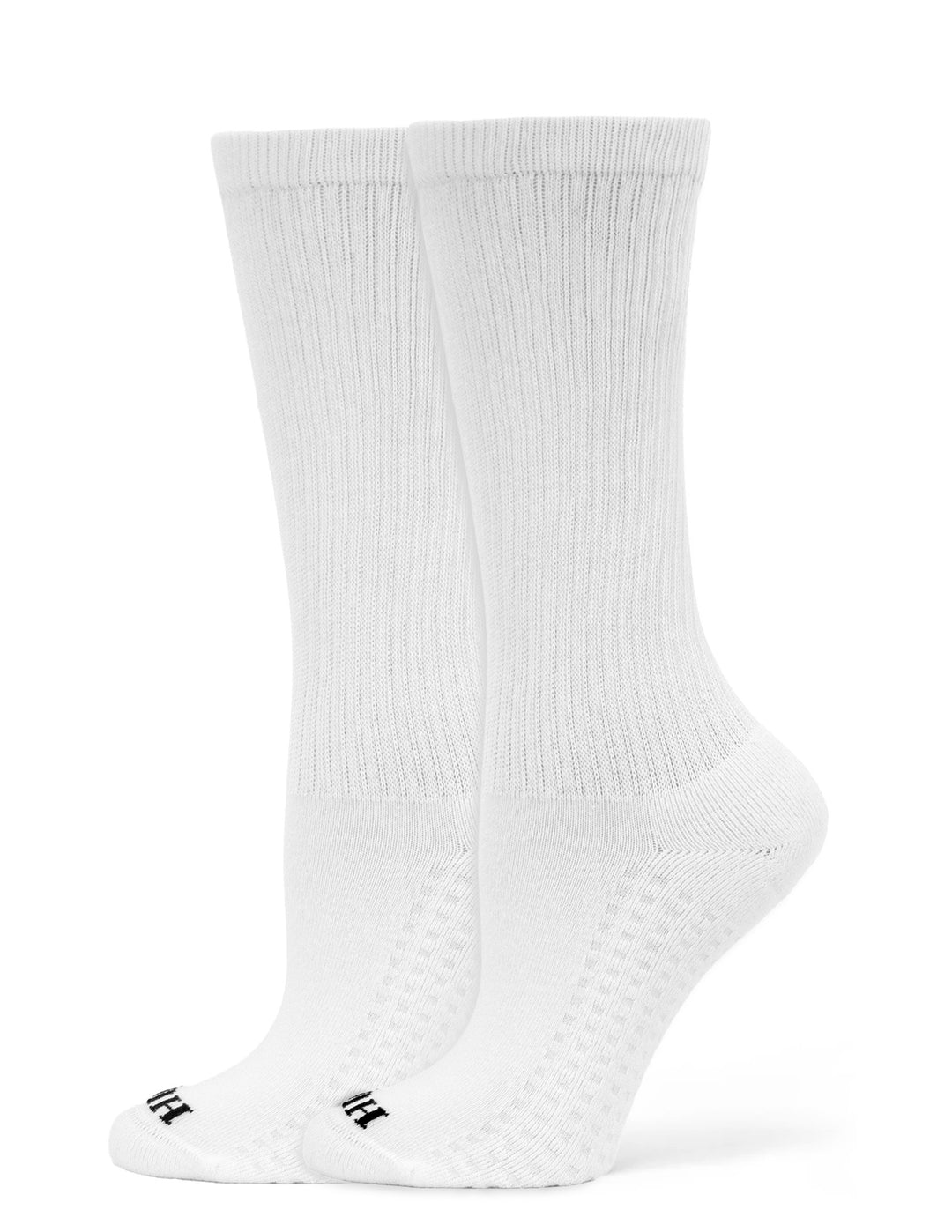 White socks with black logo on a white background