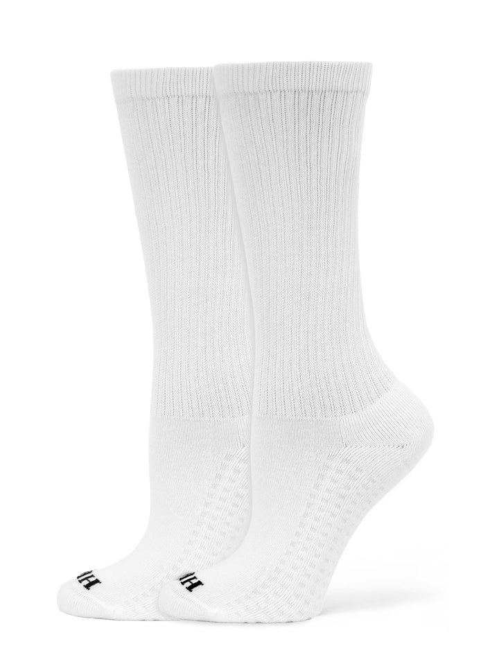 White socks with black logo on a white background